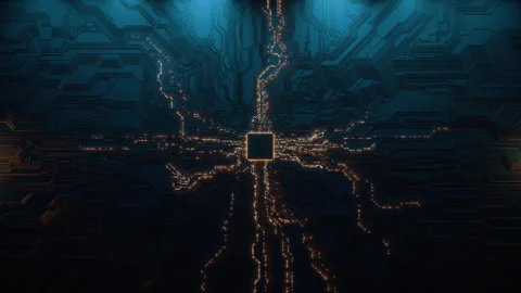 Animated current flow on circuit board. Digital technology background. Computer Stock Footage 308920414