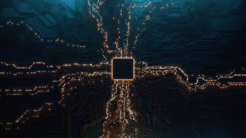 Animated current flow on circuit board. Digital technology background. Computer Stock Footage 308921003