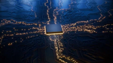Animated current flow on circuit board. Digital technology data transfer Stock Footage 309085087