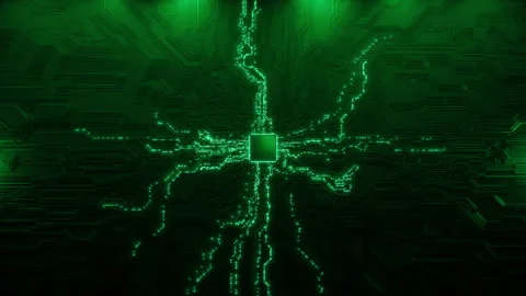 Animated current flow on circuit board. Digital technology background. Computer Stock Footage 309094626