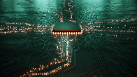 Animated current flow on circuit board. Digital technology data transfer Stock Footage 309201281
