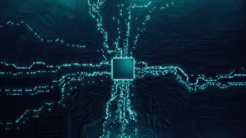 Animated current flow on circuit board. Digital technology background. Computer Stock Footage 318252829