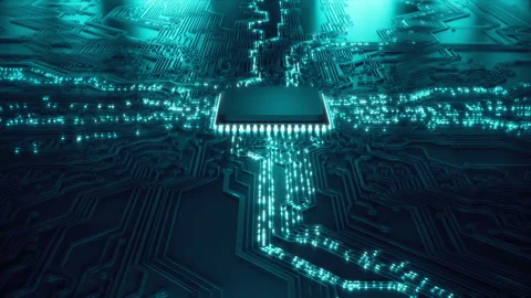 Animated current flow on circuit board. Digital technology data transfer Stock Footage 318254680