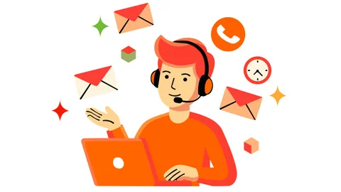 Animated Customer Support Agent Working on Laptop with Communication Icons Stock-Footage 342722349