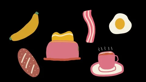Animated cute breakfast set with coffee, toast, banana, egg, bacon, and baguette Stock Footage 312664360