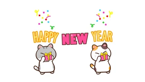 Animated Cute Cat Holding a Gift with a Happy New Year Sign - White Backgroun Stock Footage 282785252