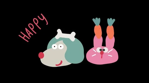 Animated cute dog with a bone and bunny with carrots Stock Footage 312664181