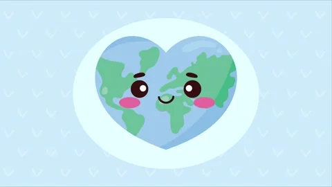 Animated cute earth globe with heart shape smiling and blinking on blue pat.. Video stock 338318801