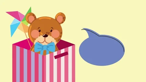Animated cute teddy bear inside striped toy box with speech bubble graphic .. Stock Footage 339085573