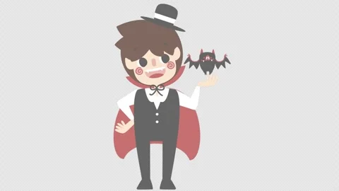 Animated Cute Vampire Boy Holding Bat Halloween Transparent Background 4K Stock Footage 339110439