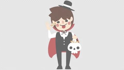 Animated Cute Vampire Boy Holding Skull Candy Bucket Transparent Background 4K Stock Footage 339110440