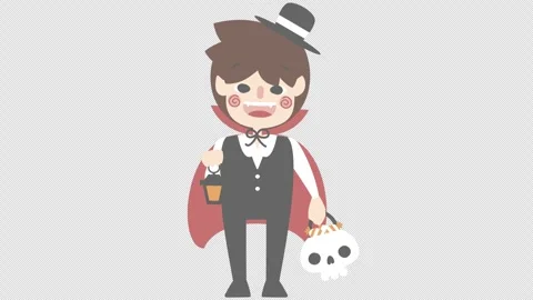 Animated Cute Vampire Boy Holding Lantern and Skull Candy Bucket Transparent Bac Stock Footage 339175183