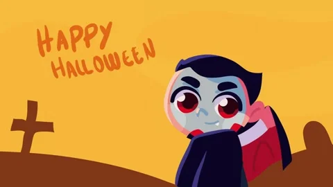 Animated cute vampire character waving hello in a festive halloween graveya.. Stock Footage 338422028