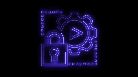 Animated cyber security neon icon with gear and play button encryption tech.. Stock Footage 308193255