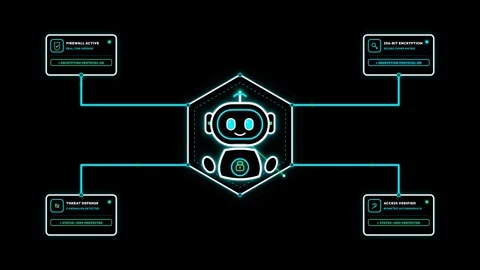 Animated Cyber Security Robot Interface Protecting Digital Network System Video stock 348208637