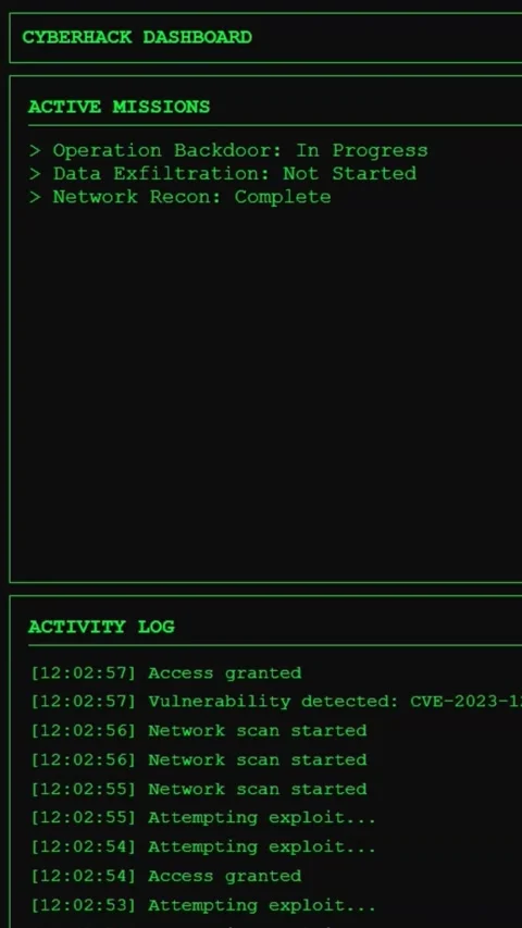 Animated Cyberhack Command Center Dashboard with Mission Logs Stock Footage 339156442