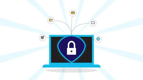 Animated cybersecurity laptop with padlock and data icons Stock Footage 345012442