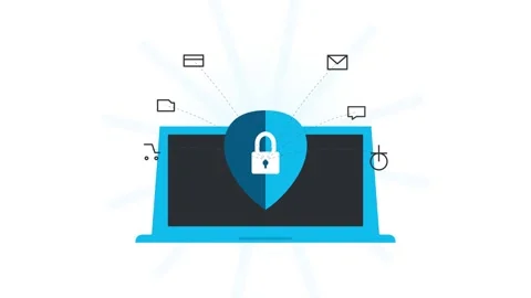 Animated cybersecurity laptop with shield and lock 4K video Stock Footage 345012476