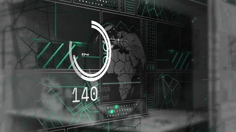 Animated dashboard being visualized with neon panels, rotating HUD meter and Stockbeeldmateriaal 307436293