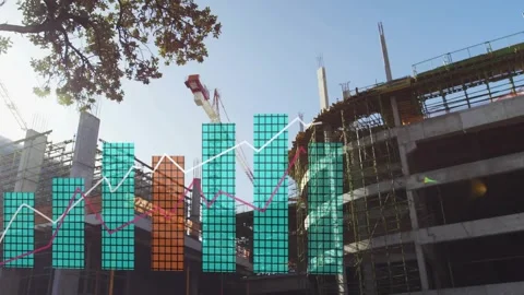 Animated data bars appearing from left overlaying construction scene, Stock Footage 322120282