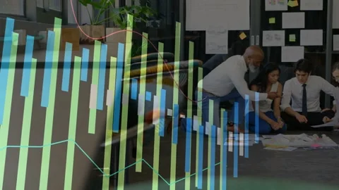 Animated data bars sweeping left, revealing lead kneeling guiding team, sorting Stock Footage 333035010