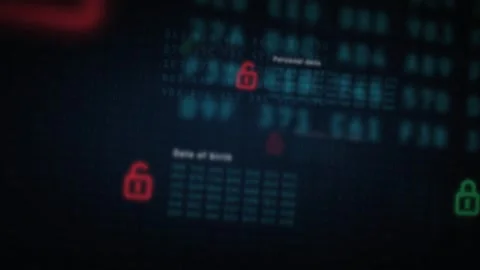 Animated data breach flythrough past open red padlocks and exposed personal Stock Footage 347258165