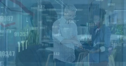 Animated data changes and discussions depict global business tech among diverse Stock Footage 328648541