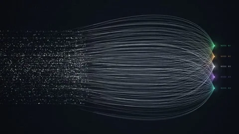 Animated data flow fan with five destination nodes drawing curved lines from Video stock 347257495