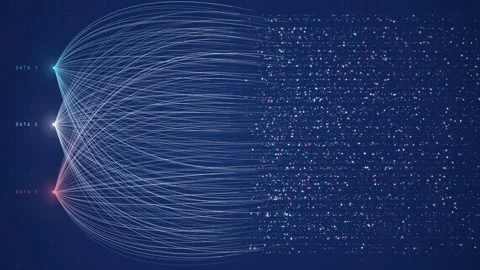 Animated data flow fan with three source nodes streaming curved lines into Video stock 347257256