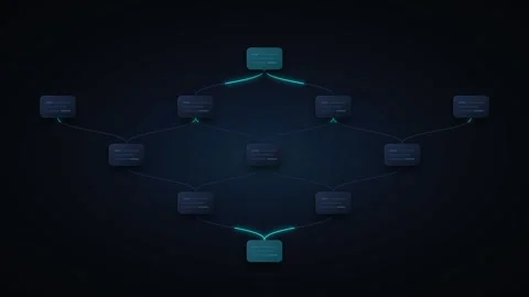 Animated data flow network diagram with glowing connections and nodes on da.. Vidéo 344860298