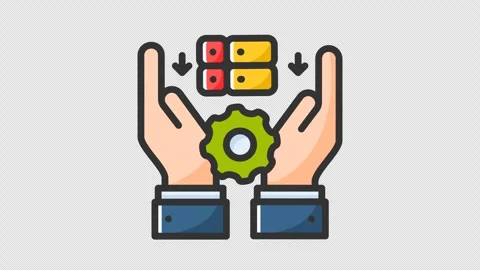 Animated data gathering with person holding gearwheel and server Stock Footage 265844858