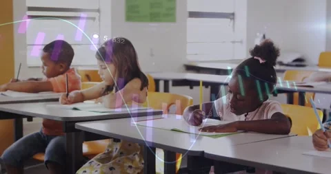 Animated data graphics appearing, three students writing to finish workbook Stock Footage 333904111