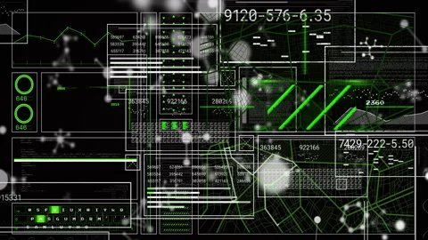 Animated data interface displaying scrolling charts numeric tables network map 動画素材 309111513