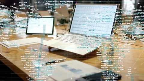 Animated data overlay appearing and drifting, camera panning to laptop, Stock Footage 337913039