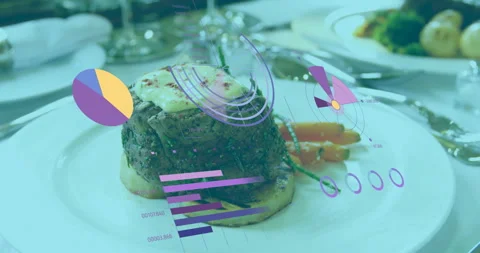 Animated data overlay initiating pulsing, rising and sliding over plated steak Stock Footage 315715800