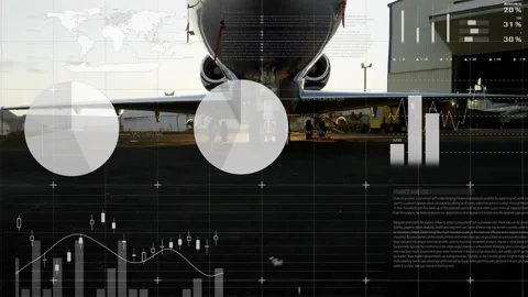 Animated data overlays appearing on grid starting jet emerging while charts Video stock 317869210
