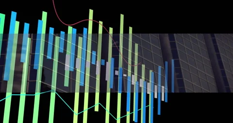Animated data visualization displaying green blue gray bars with pink cyan lines Video stock 309282429
