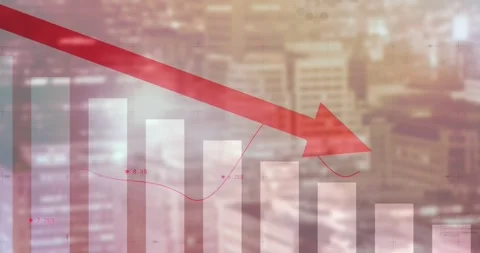 Animated data visualization showing translucent bars with red arrow, line plot Video stock 327202875