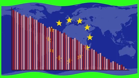 Animated Decline of Bar Graph Over European Union Flag Map Stock Footage 318573603