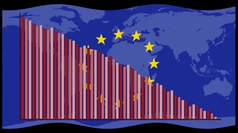 Animated Decline of Bar Graph Over European Union Flag Map Stock Footage 323430552