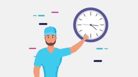 Animated delivery service worker in blue uniform pointing at wall clock for.. Stock Footage 334162529