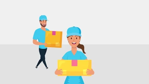 Animated delivery workers holding boxes with truck moving in background. Stock Footage 338420688