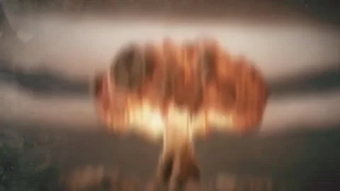 Animated Depiction of Nuclear Explosion and Mushroom Cloud Over Devastated .. Stock Footage 314303103