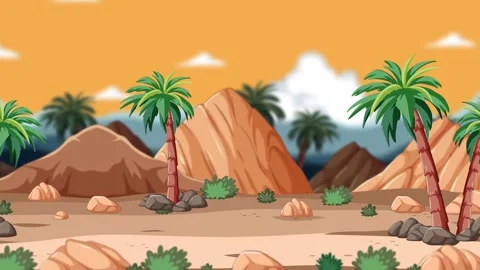 Animated desert landscape with palm trees and mountains moving in parallax .. Vídeos de archivo 333728585