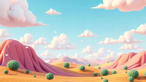 Animated Desert Oasis: Explore Pink Dunes, Green Bushes &amp; a Blue Sky in this Ca Video stock 308846991
