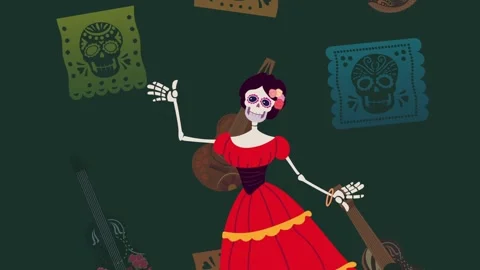 Animated dia de los muertos skeleton woman dancing with guitars and papel p.. 動画素材 334090368