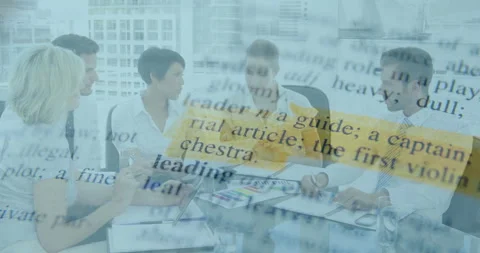 Animated dictionary text over diverse business team meeting in office Stock Footage 304194759