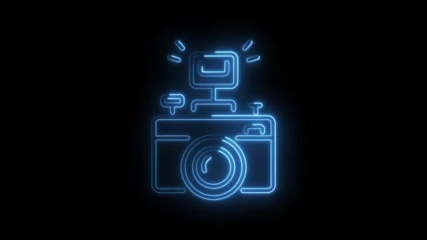 Animated digital camera with flash symbol in glowing neon blue on black bac.. Video stock 345992086