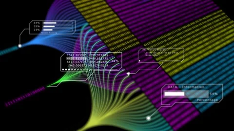 Animated digital data flow illustrates artificial intelligence processing inform Stock Footage 331760850