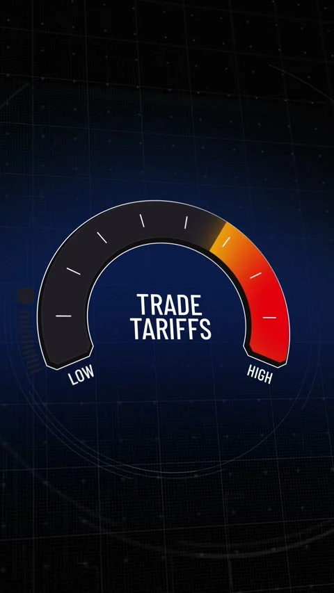 Animated digital gauge, level meter of trade tariffs, moving from high to low Stock Footage 315382888
